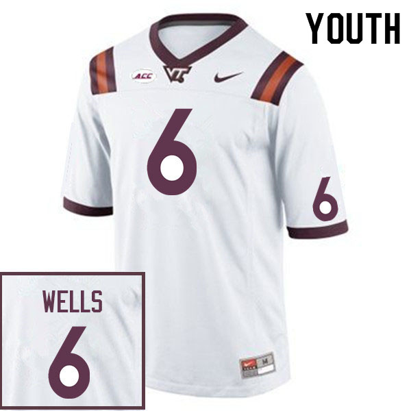Youth #6 Grant Wells Virginia Tech Hokies College Football Jerseys Sale-White - Click Image to Close